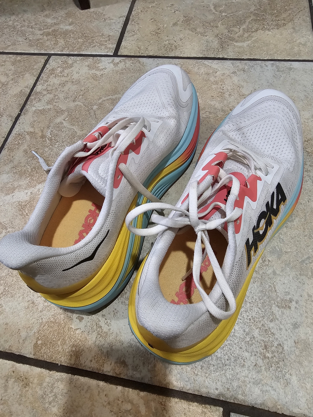 Hoka White Running Shoes with Yellow & Pink Accents